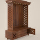 AMOD - Handcrafted wooden  free standing pooja temple for home with storage unit, tray for nevedya & twin drawers in premium cherry brown PU finish