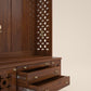 AMOD - Handcrafted wooden  free standing pooja temple for home with storage unit, tray for nevedya & twin drawers in premium cherry brown PU finish
