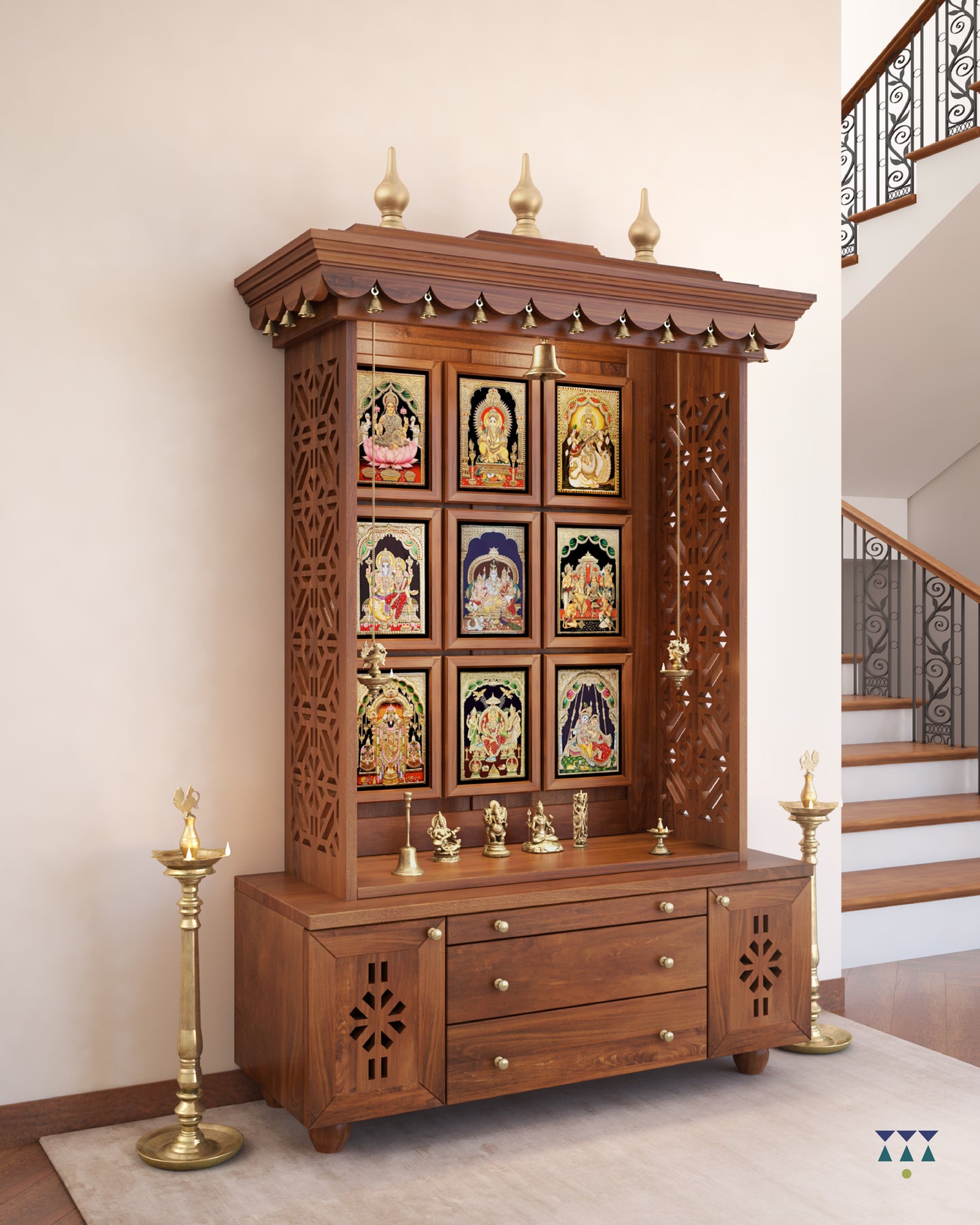 AMOD - Handcrafted wooden free standing pooja temple for home with storage unit, tray for nevedya & twin drawers in premium cherry brown PU finish