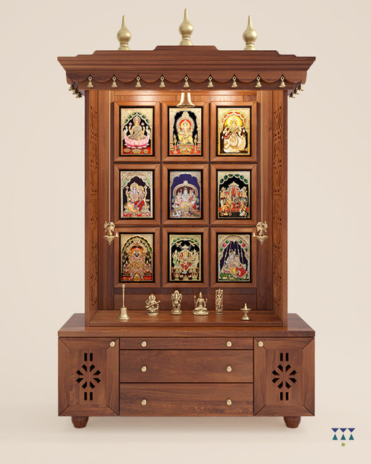 AATH - Handcrafted wooden free standing pooja temple for home with storage unit, tray for nevedya & twin drawers in premium cherry brown PU finish