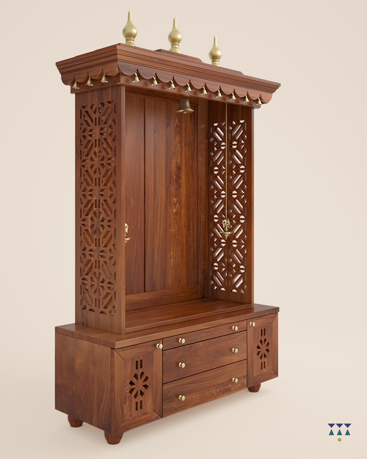 AMOD - Handcrafted wooden free standing pooja temple for home with storage unit, tray for nevedya & twin drawers in premium cherry brown PU finish