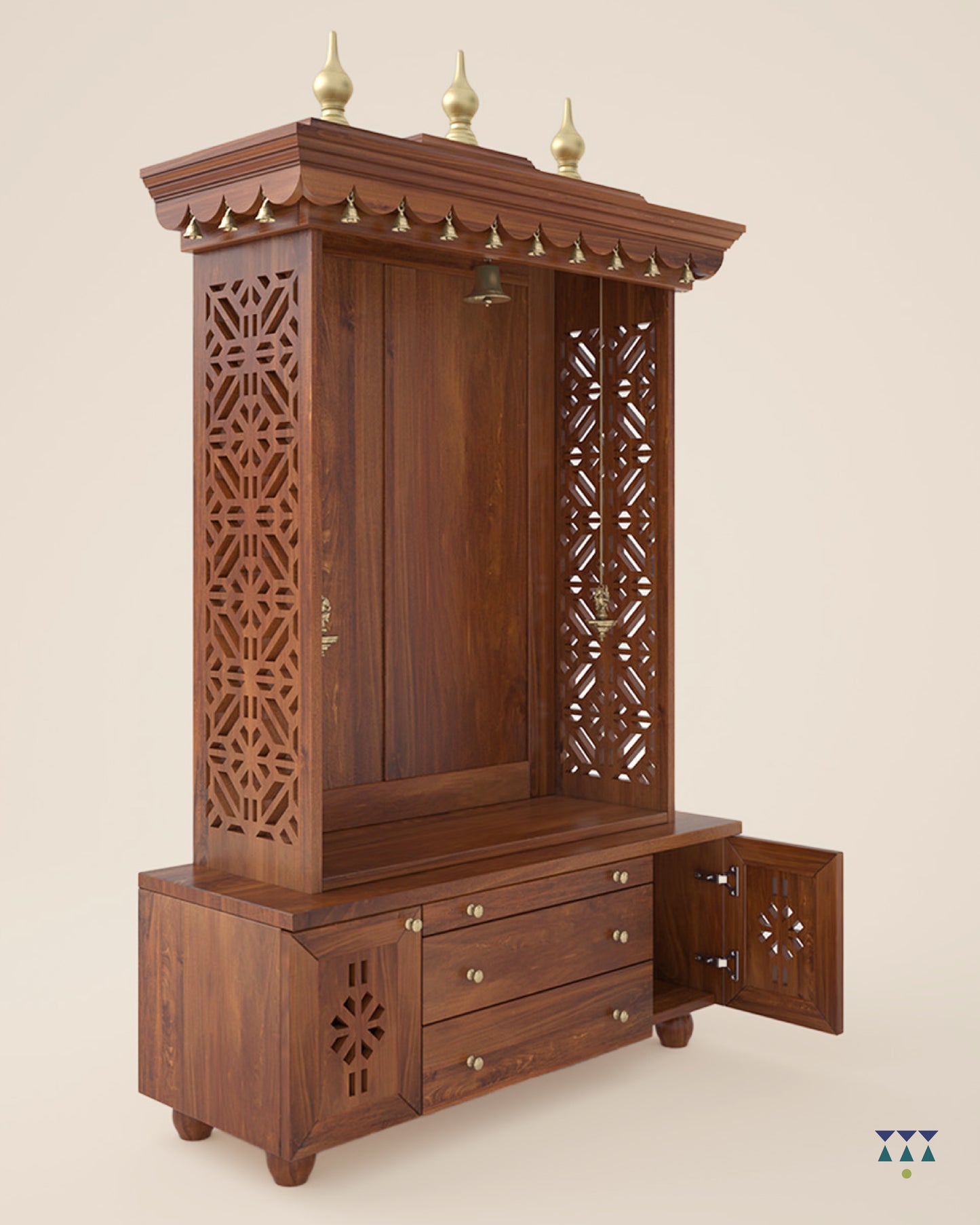 AMOD - Handcrafted wooden free standing pooja temple for home with storage unit, tray for nevedya & twin drawers in premium cherry brown PU finish