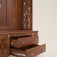 AMOD - Handcrafted wooden free standing pooja temple for home with storage unit, tray for nevedya & twin drawers in premium cherry brown PU finish