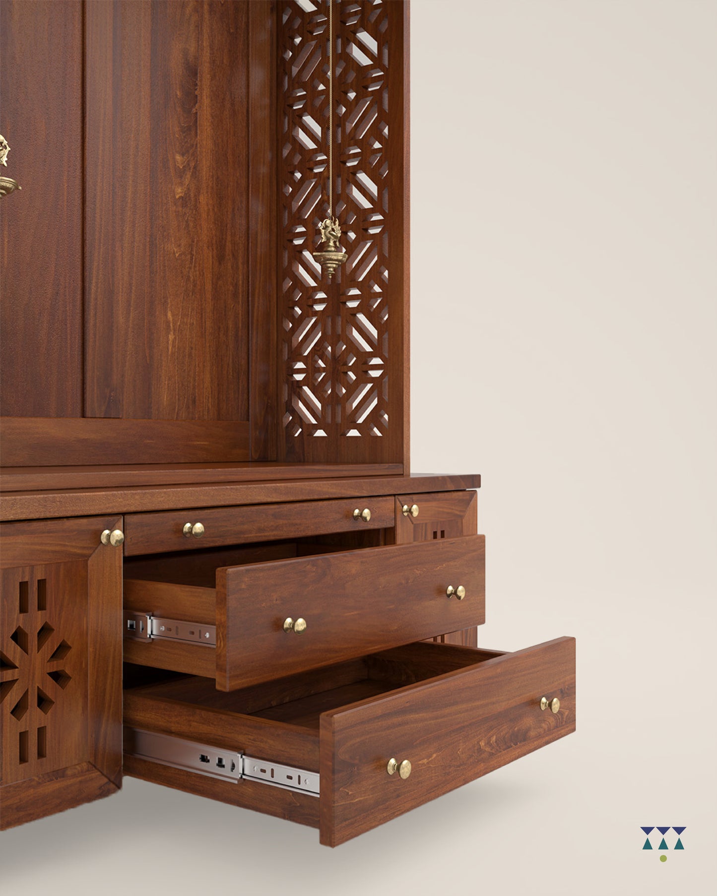 AMOD - Handcrafted wooden free standing pooja temple for home with storage unit, tray for nevedya & twin drawers in premium cherry brown PU finish