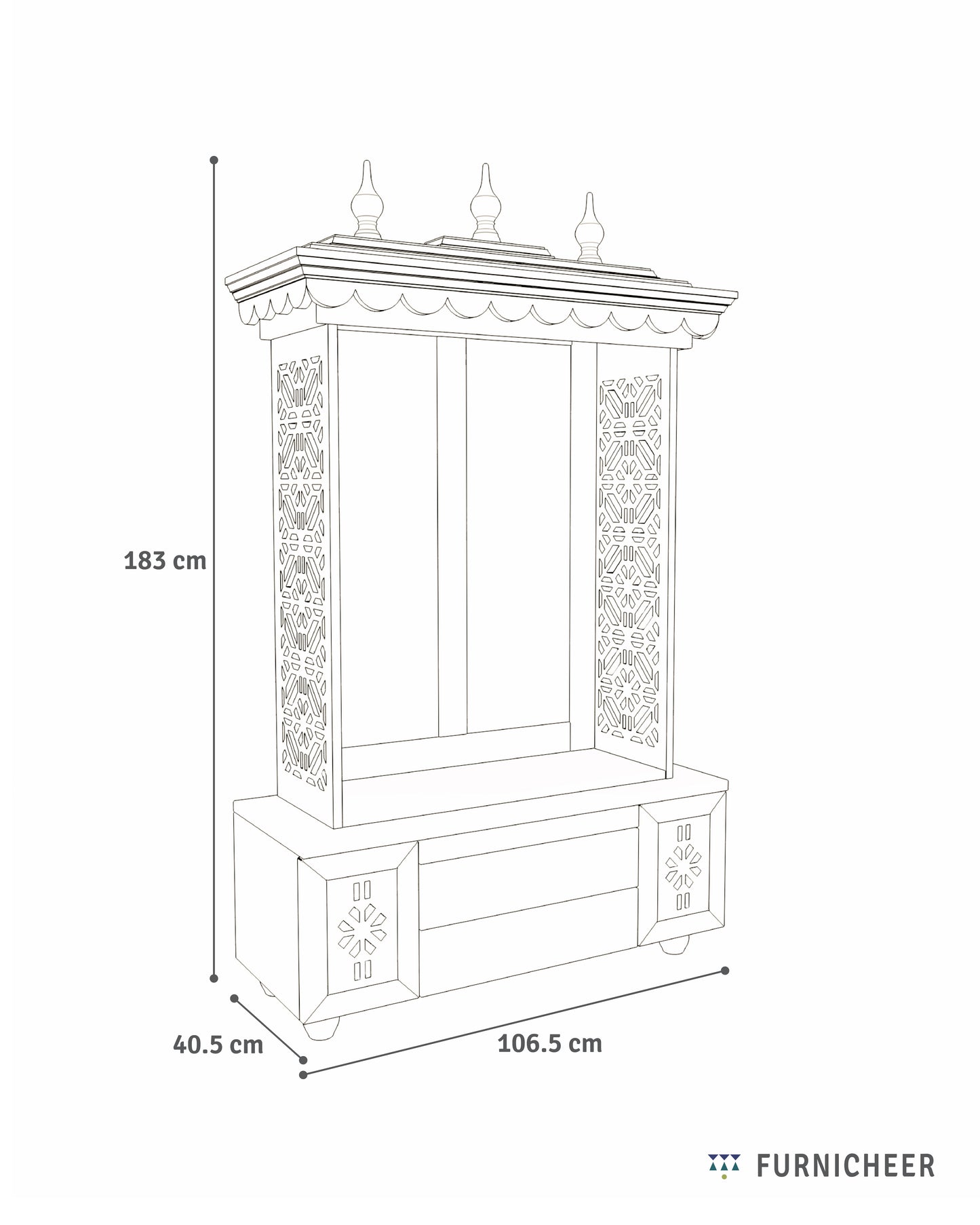 AMOD - Handcrafted wooden free standing pooja temple for home with storage unit, tray for nevedya & twin drawers in premium cherry brown PU finish