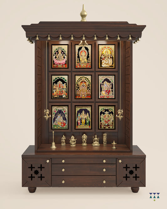 AMOD - Handcrafted wooden  free standing pooja temple for home with storage unit, tray for nevedya & twin drawers in premium walnut brown PU finish