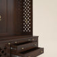 AMOD - Handcrafted wooden  free standing pooja temple for home with storage unit, tray for nevedya & twin drawers in premium walnut brown PU finish