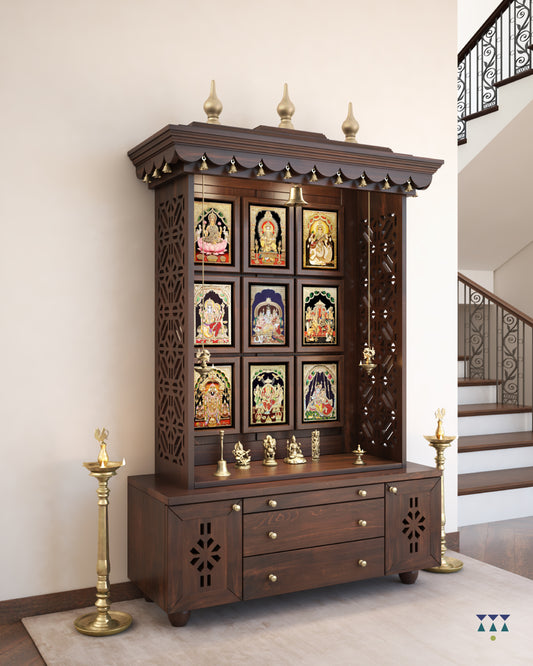 AATH - Handcrafted wooden free standing pooja temple for home with storage unit, tray for nevedya & twin drawers in premium walnut brown PU finish