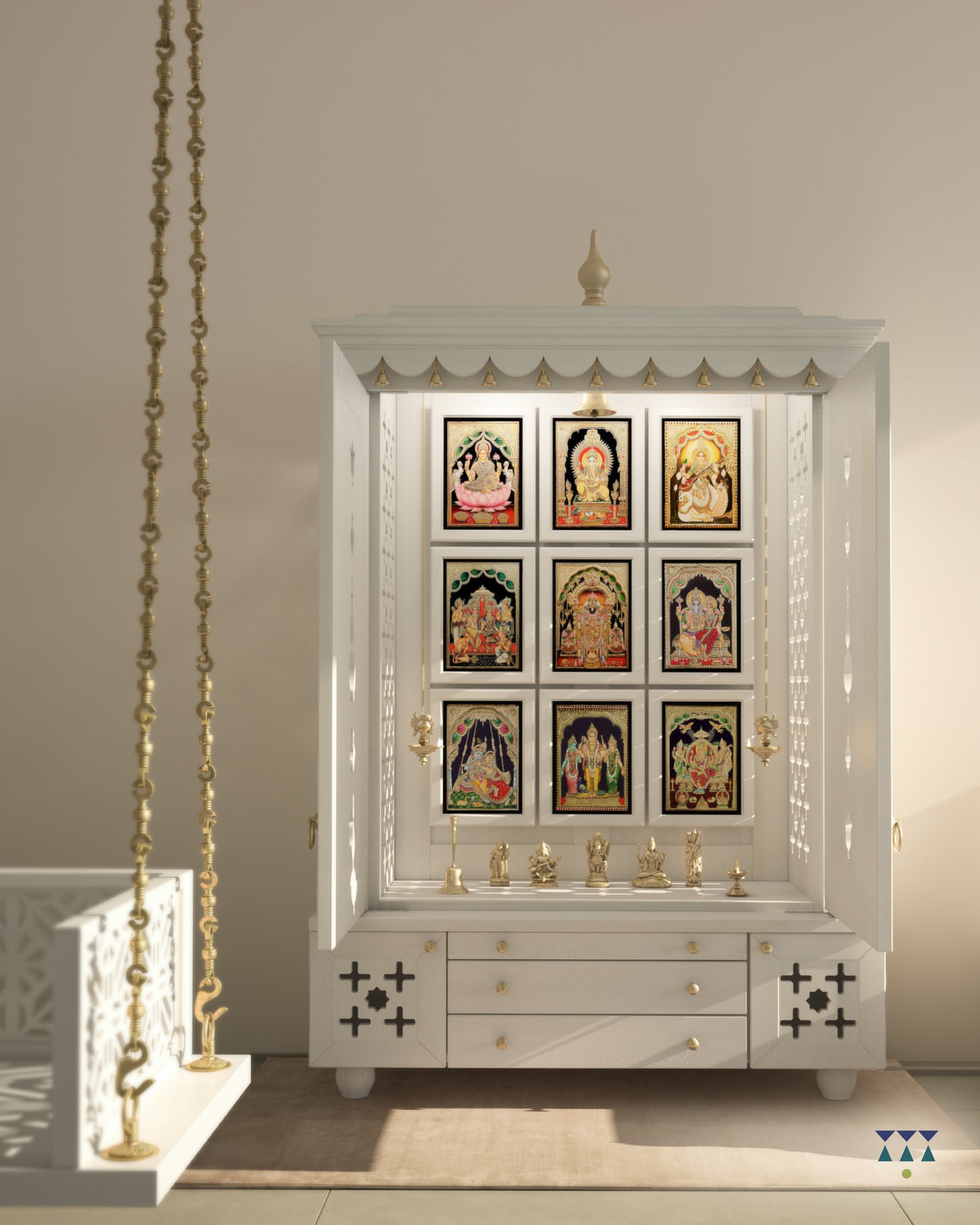 AMOD - Beautifully Crafted Free-Standing Puja Temple with Door, Tray & Storage with Pure Brass Accents