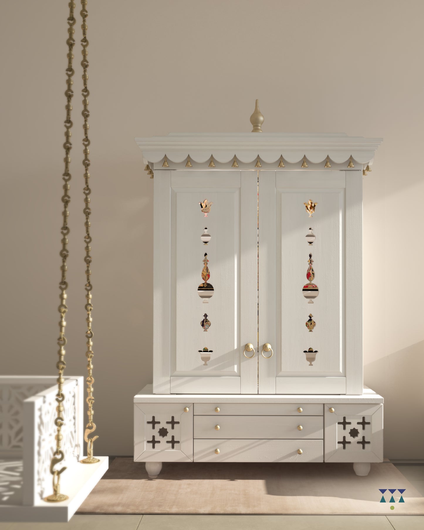 AMOD - Beautifully Crafted Free-Standing Puja Temple with Door, Tray & Storage with Pure Brass Accents