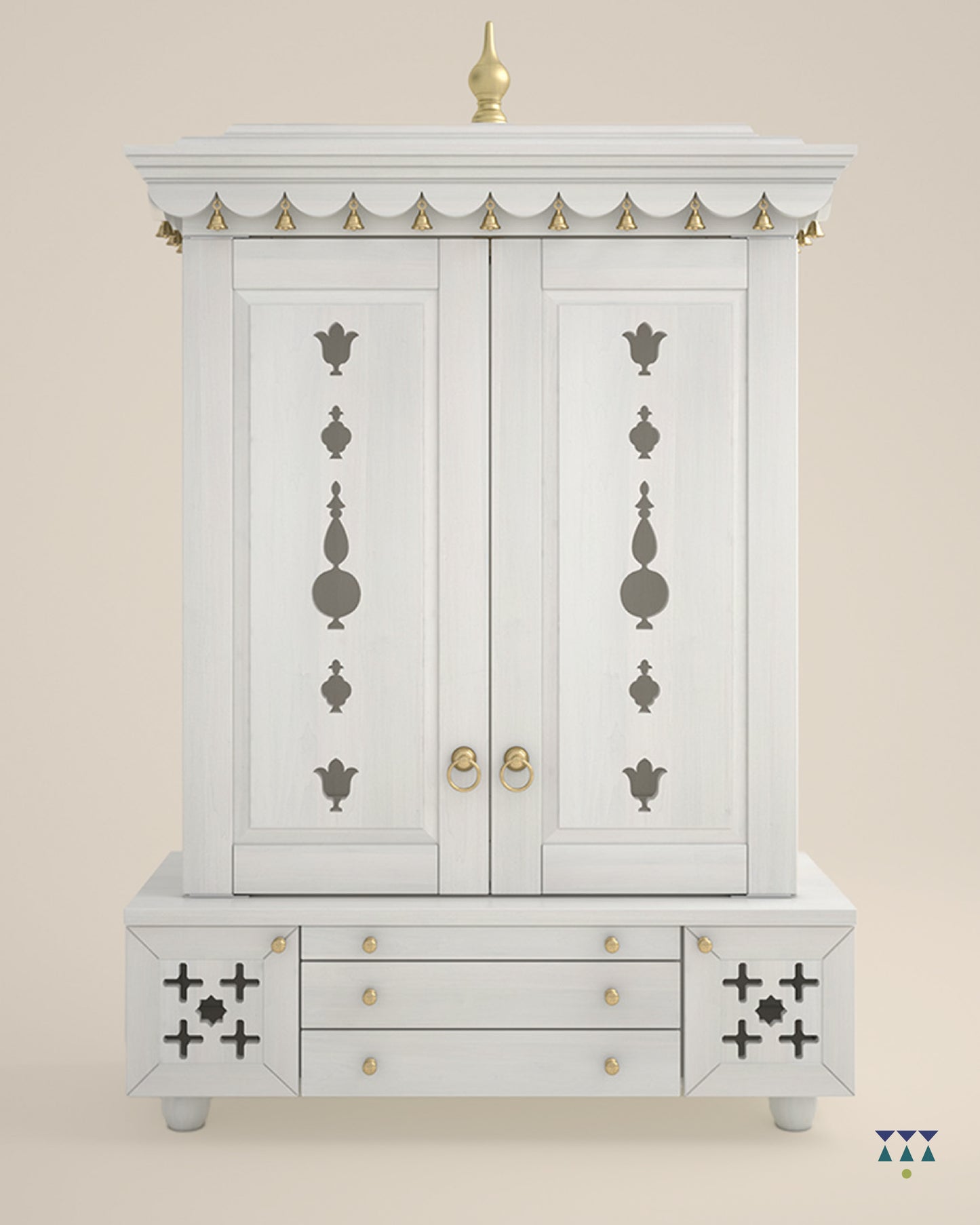 AMOD - Beautifully Crafted Free-Standing Puja Temple with Door, Tray & Storage with Pure Brass Accents