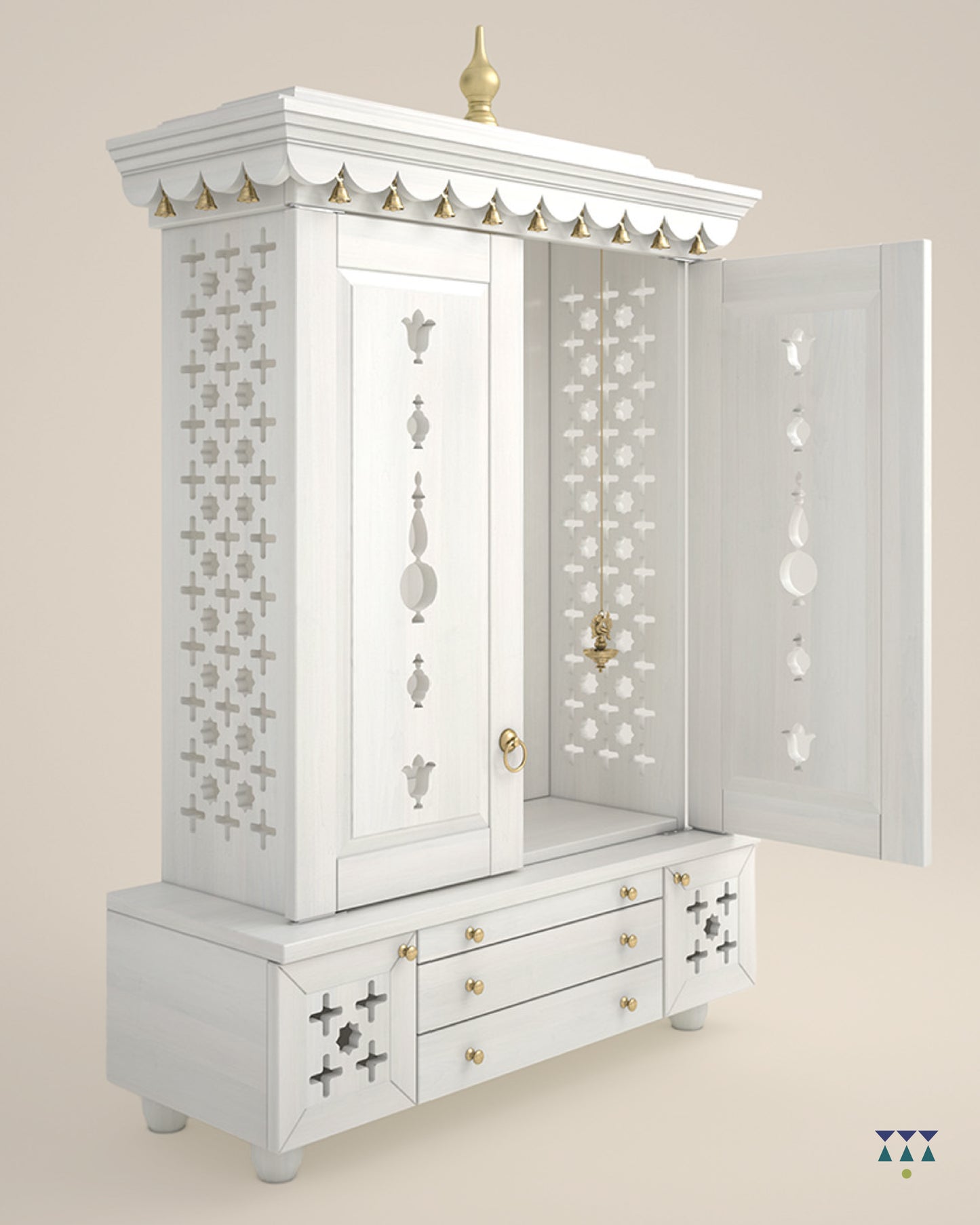 AMOD - Beautifully Crafted Free-Standing Puja Temple with Door, Tray & Storage with Pure Brass Accents