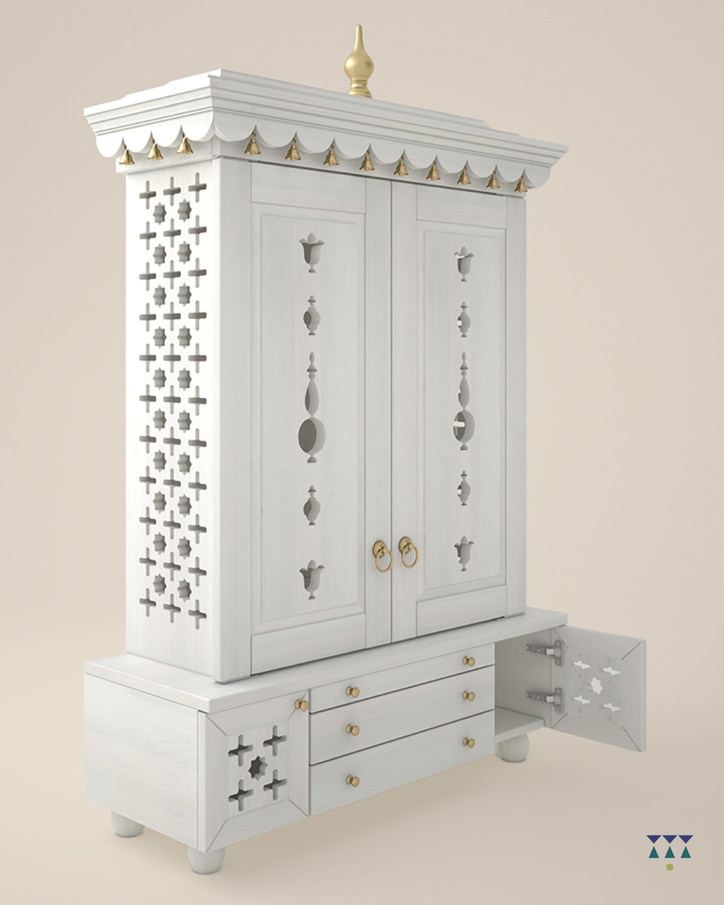AMOD - Beautifully Crafted Free-Standing Puja Temple with Door, Tray & Storage with Pure Brass Accents