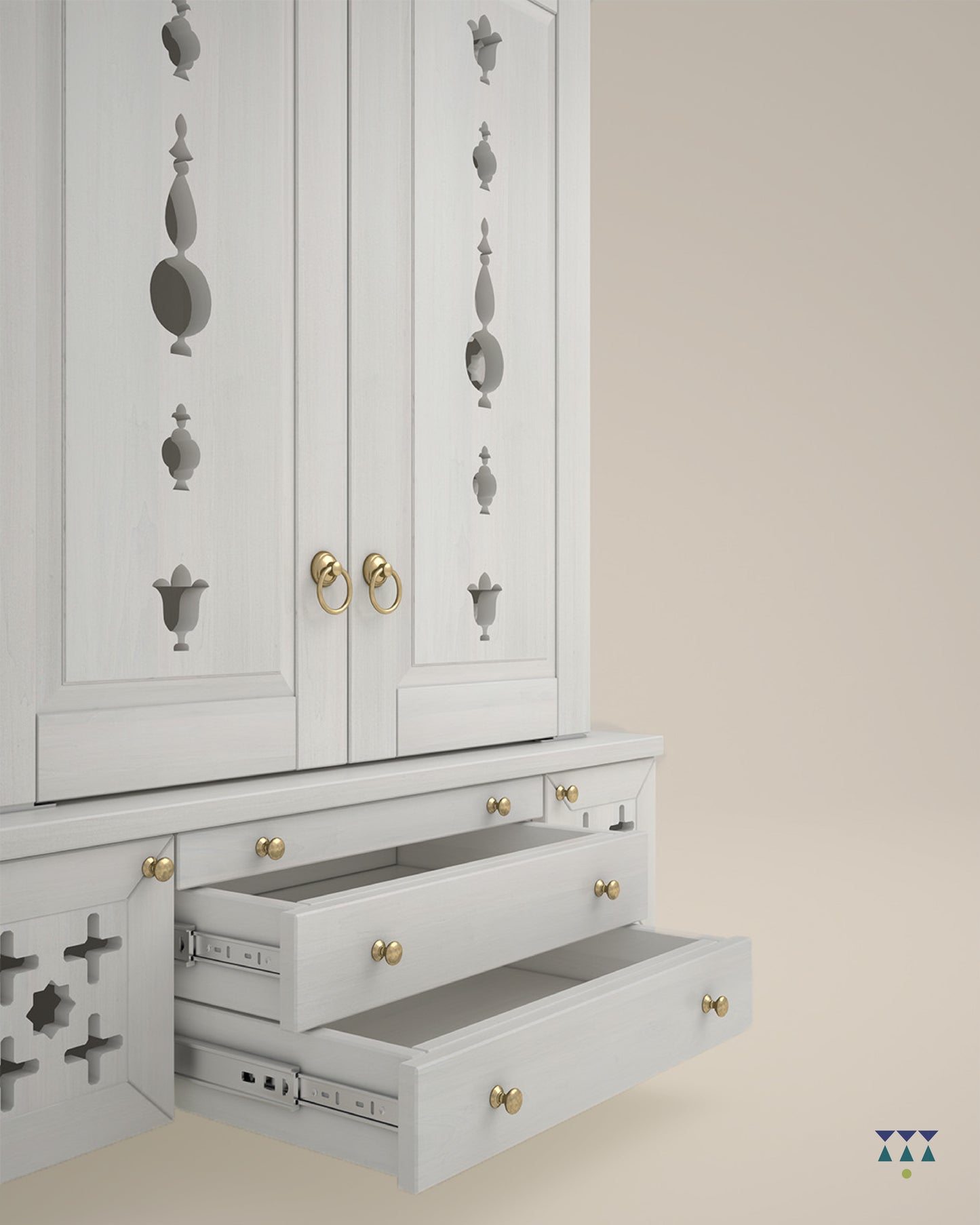 AMOD - Beautifully Crafted Free-Standing Puja Temple with Door, Tray & Storage with Pure Brass Accents