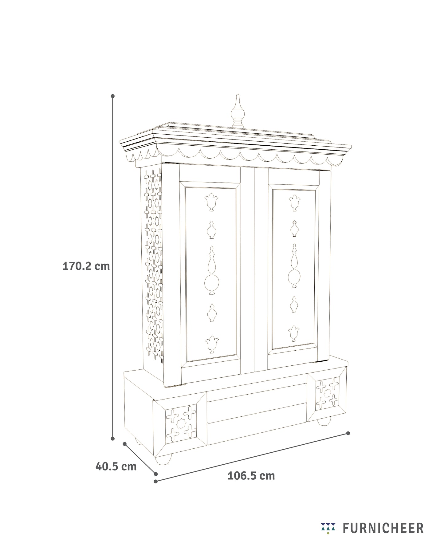 AMOD - Beautifully Crafted Free-Standing Puja Temple with Door, Tray & Storage with Pure Brass Accents