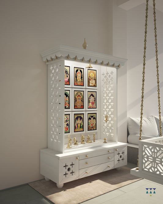 AMOD - Handcrafted wooden  free standing pooja temple for home with storage unit, tray for nevedya & twin drawers in premium white PU finish