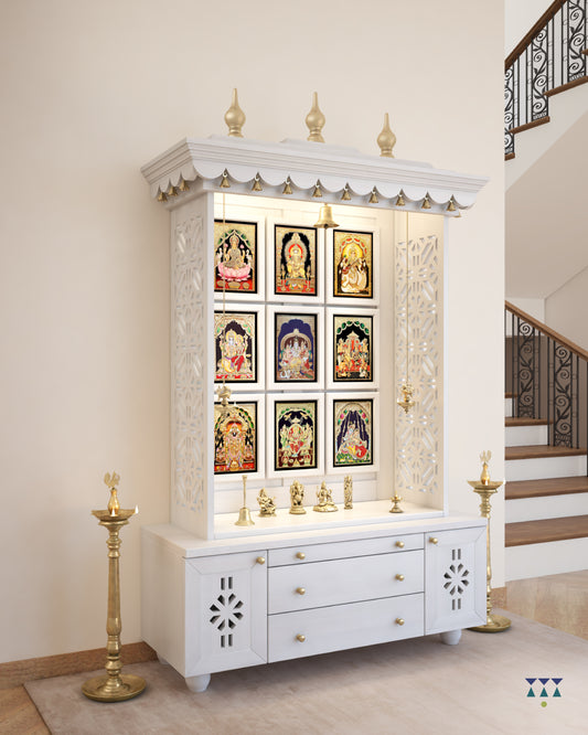 AATH - Handcrafted wooden  free standing pooja temple for home with storage unit, tray for nevedya & twin drawers in premium white PU finish