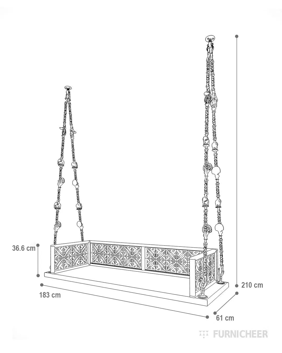 Solid Wood Swing with Brass Chain Size Diagram