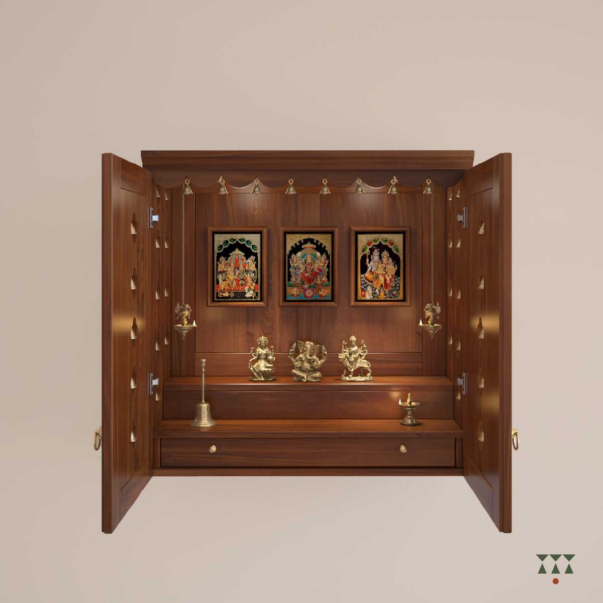 A solid wood mandir with doors, pure brass bells, framed art prints, cutwork designs and storage, tinted in almond brown