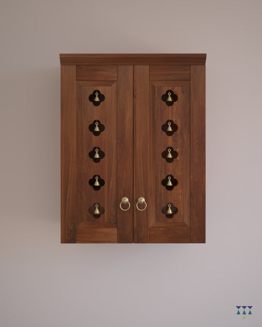 AVANEESH - Wall Mount Puja Mandir with Door Having Flower Cutouts & Bells