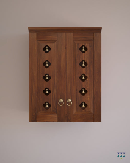 AVANEESH - Wall Mount Puja Mandir with Door Having Flower Cutouts & Bells