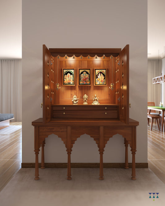 AVANEESH - Handmade Solid Wood Puja Mandir with Pullout Tray and Drawer
