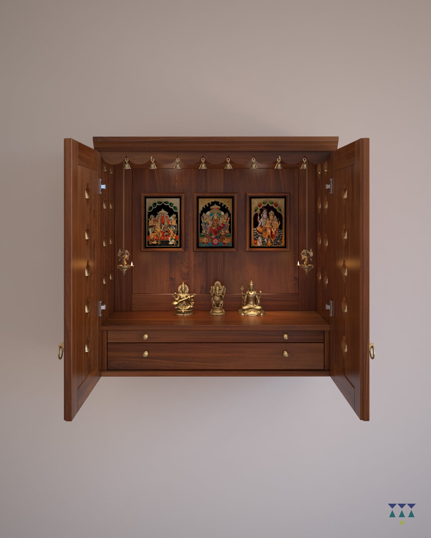 AVANEESH - Handmade Solid Wood Puja Mandir with Pullout Tray and Drawer