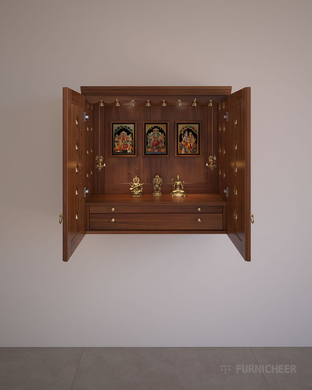 Traditional brown wood puja mandir with enclosed doors
