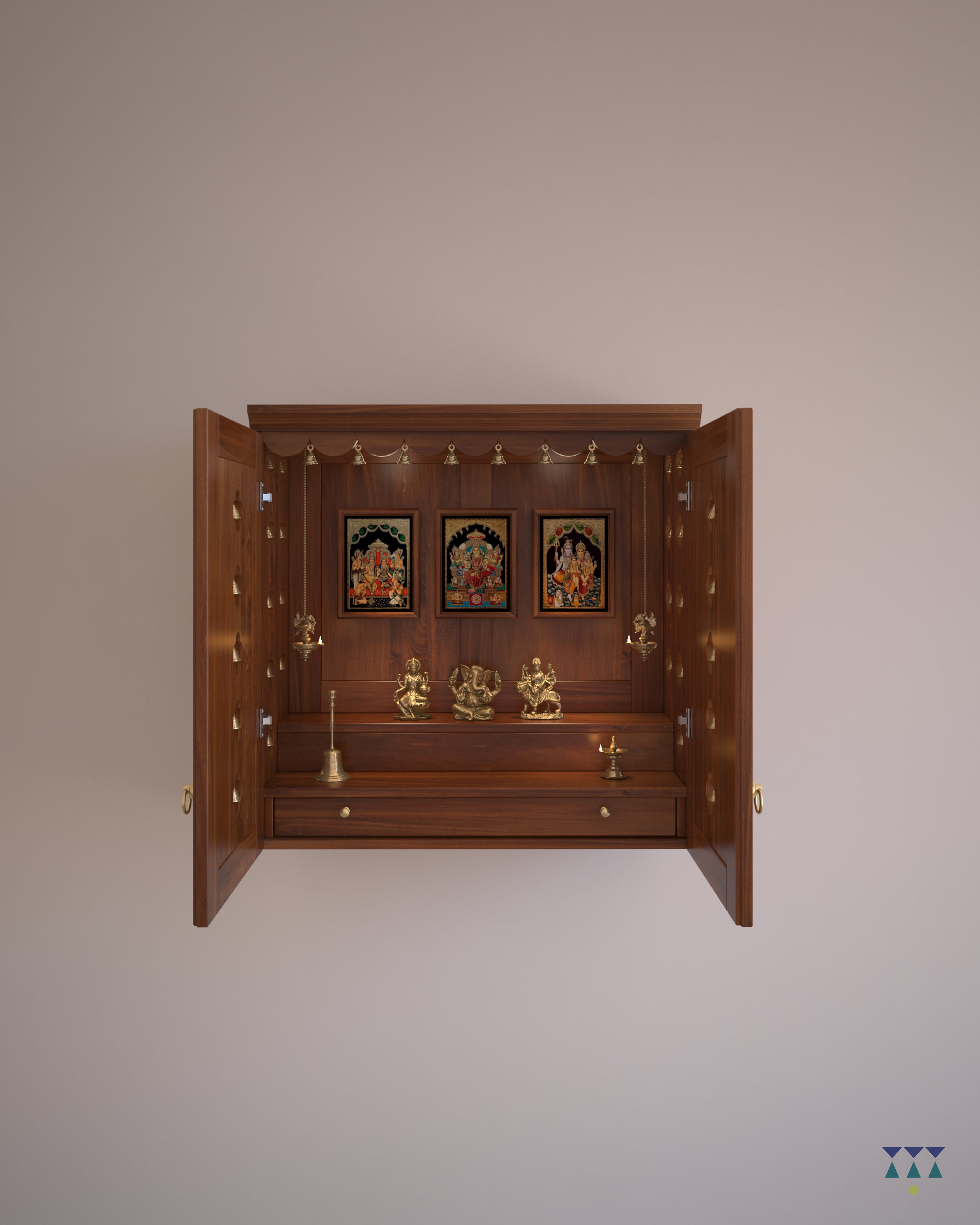 AVANEESH - Wall Mount Puja Mandir with Door Having Flower Cutouts & Bells