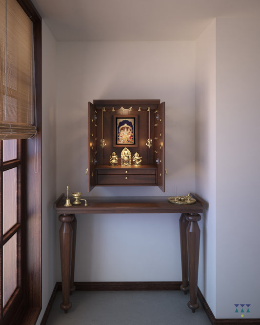 AVANEESH - Wall Mount Puja Mandir with Door Having Flower Cutouts & Bells