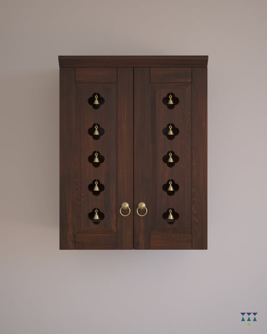 AVANEESH - Wall Mount Puja Mandir with Door Having Flower Cutouts & Bells
