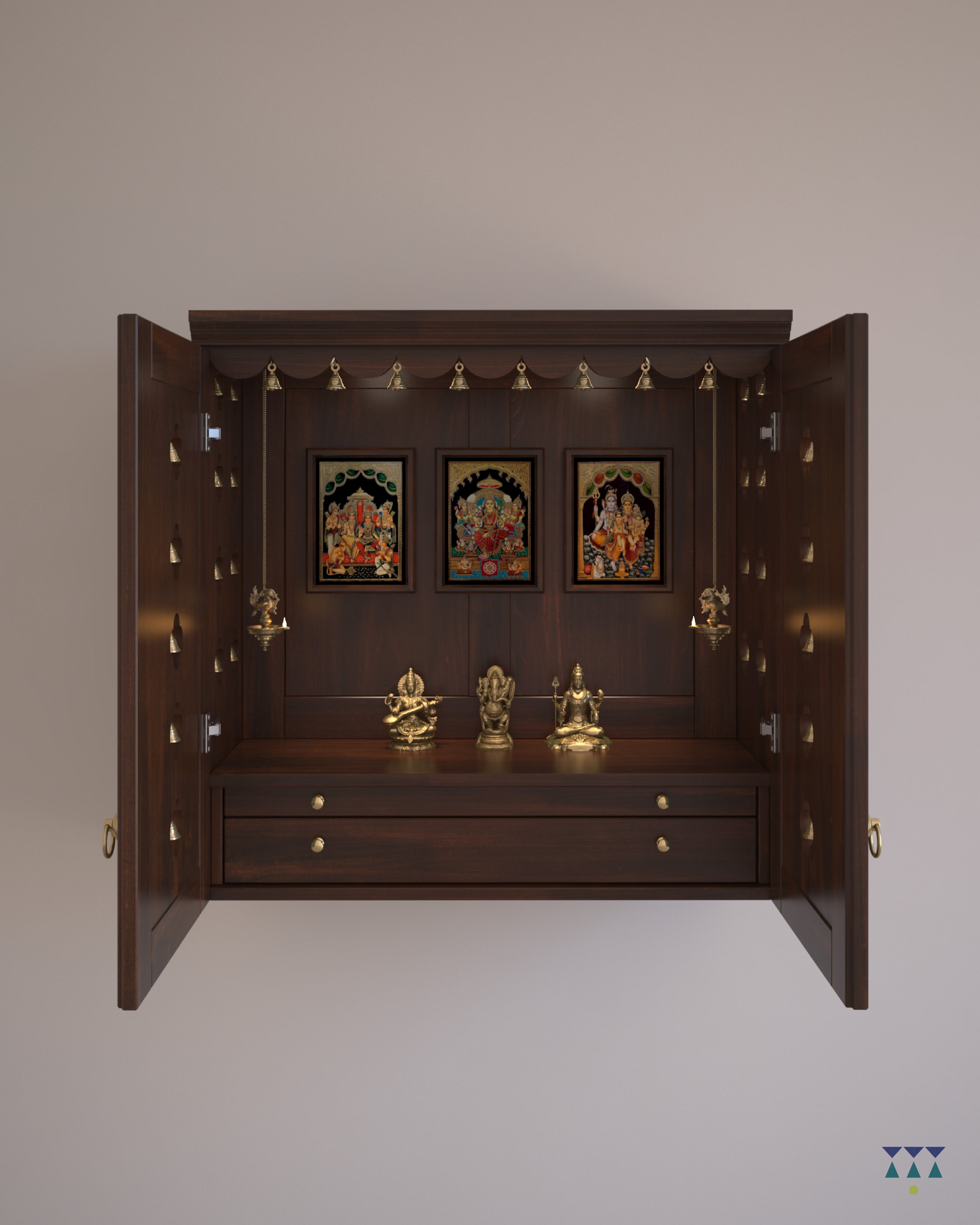 AVANEESH - Handmade Solid Wood Puja Mandir with Pullout Tray and Drawer