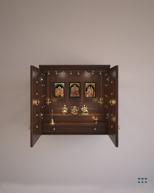 AVANEESH - Wall Mount Puja Mandir with Door Having Flower Cutouts & Bells