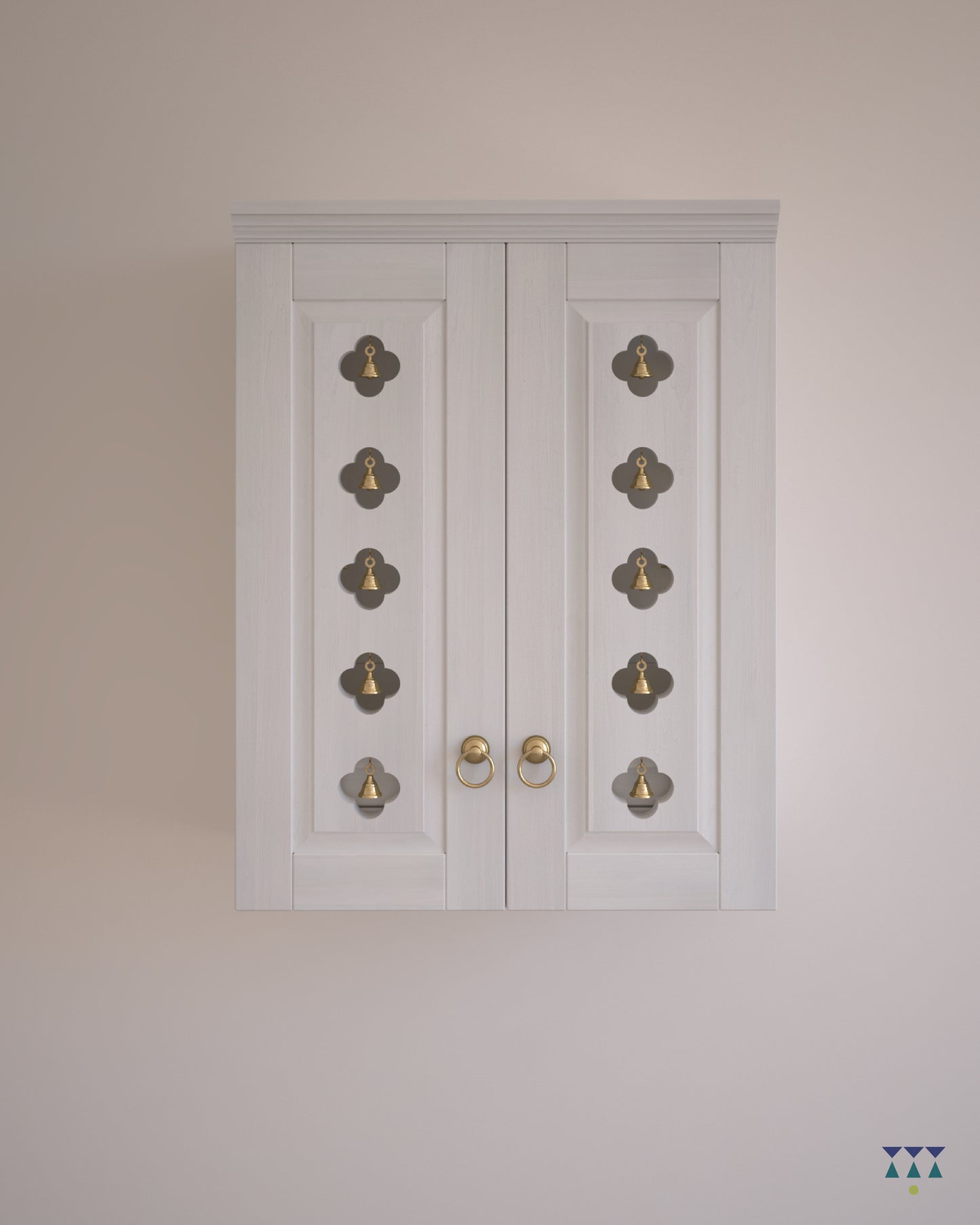 AVANEESH - Wall Mount Puja Mandir with Door Having Flower Cutouts & Bells