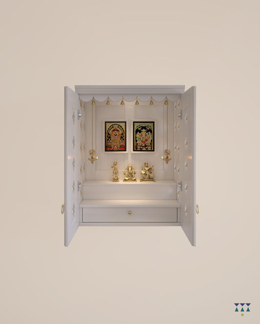 AVANEESH - Wall Mount Puja Mandir with Door Having Flower Cutouts & Bells
