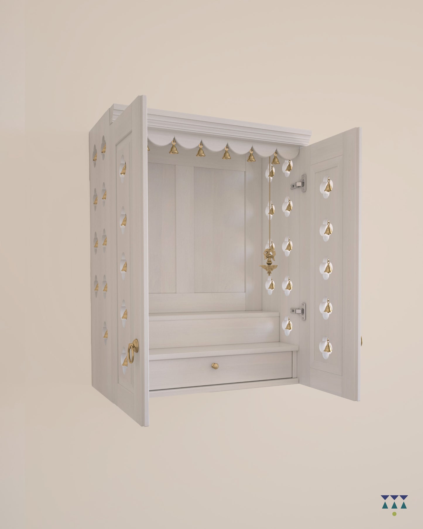 AVANEESH - Wall Mount Puja Mandir with Door Having Flower Cutouts & Bells