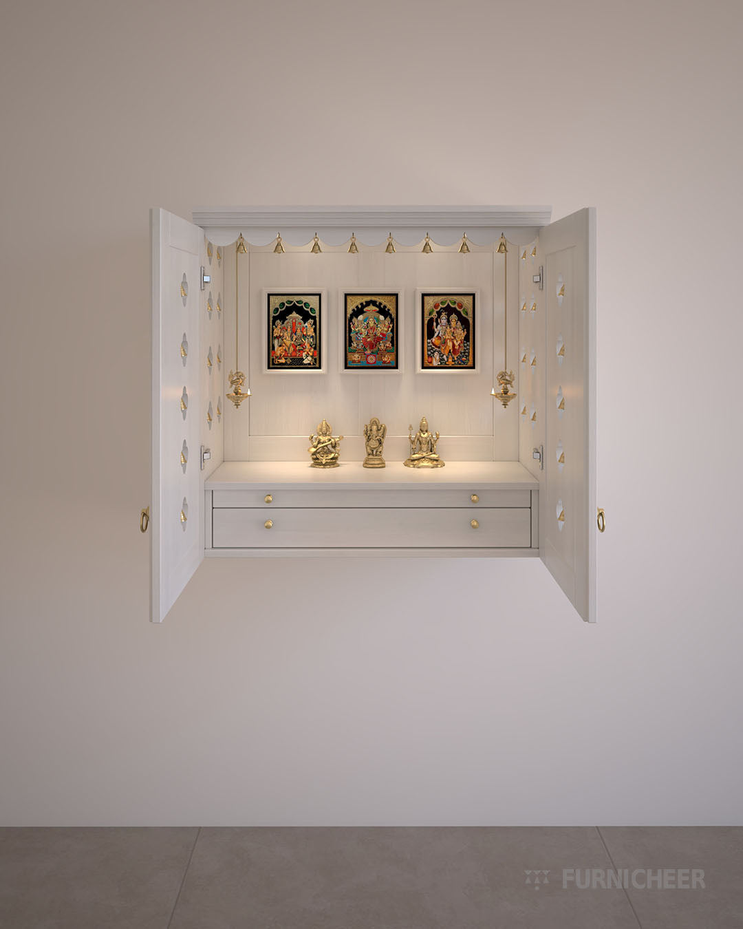 Home Puja Mandir with Enclosed Door in White Finish