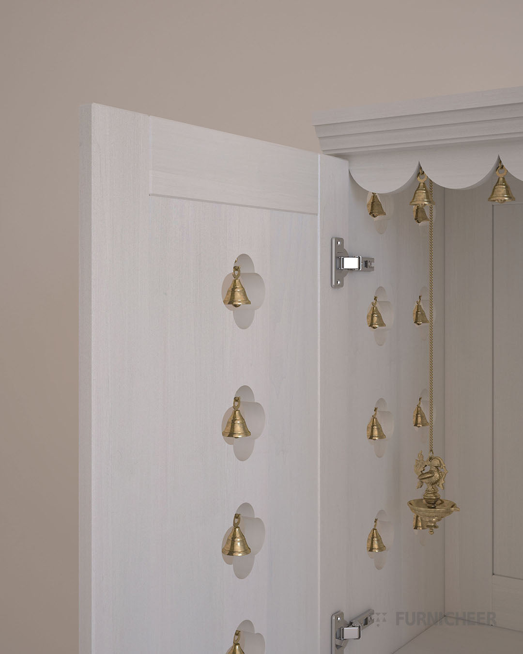 White Home Temple with Enclosed Door and Decorative Design
