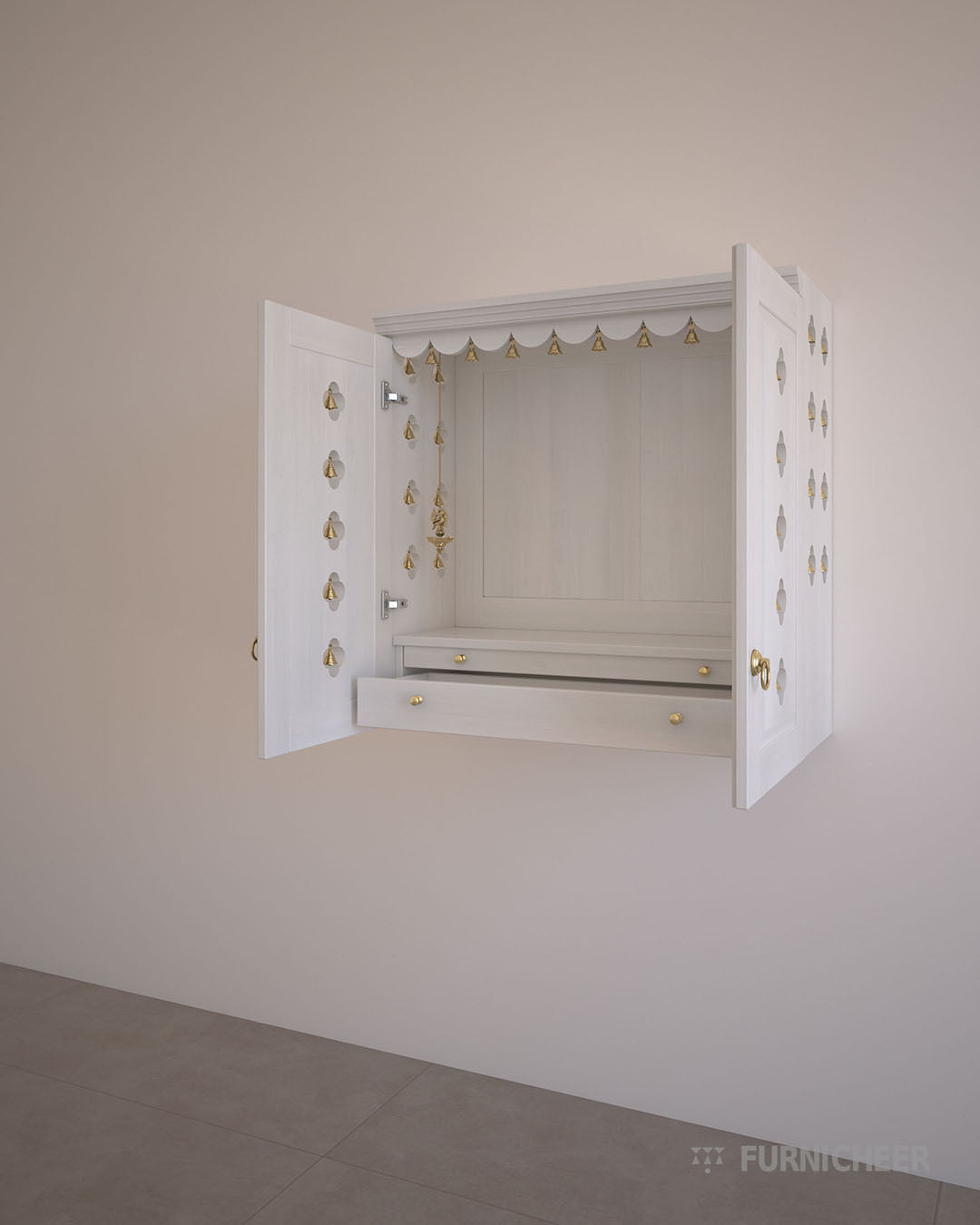 White Wooden Puja Mandir with Enclosed Cabinet Doors
