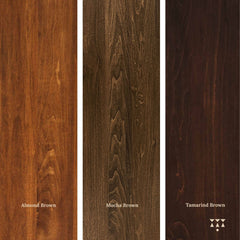 Three different wood finishes labeled 'Almond Brown', 'Mocha Brown', and 'Tamarind Brown'.