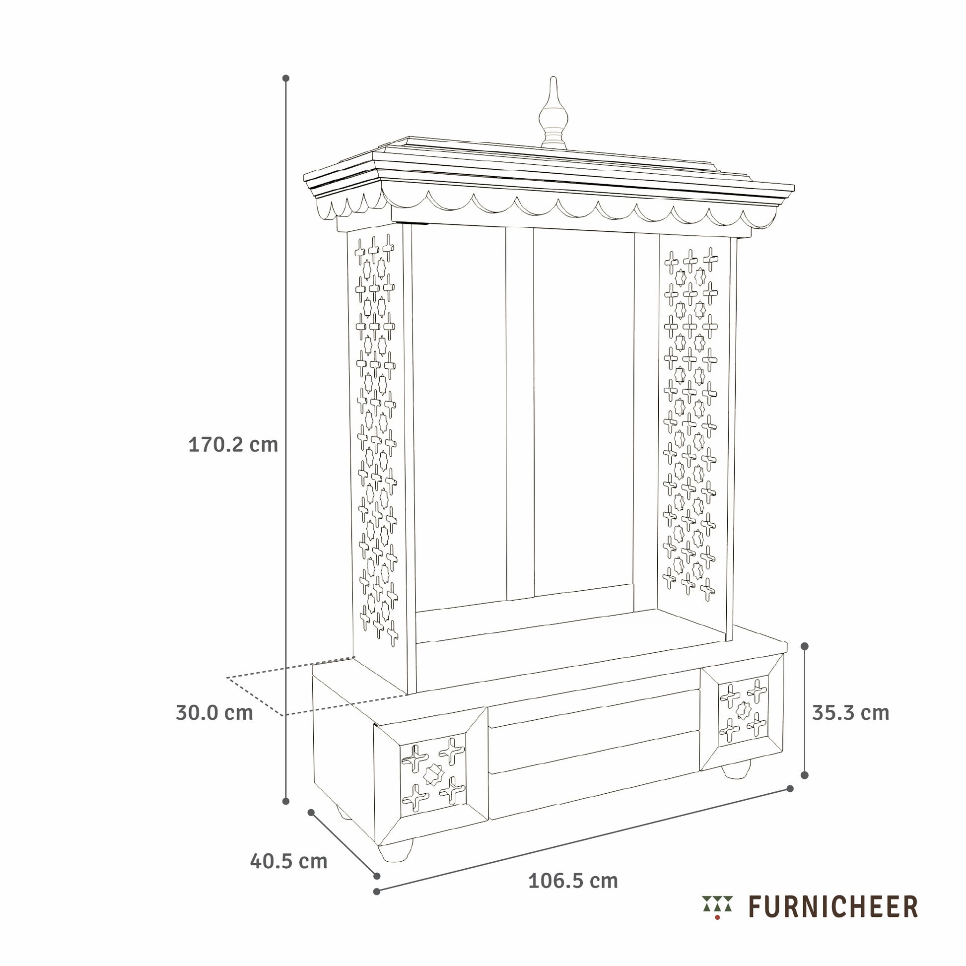 Line drawing of a decorative cabinet with dimensions labeled, branded 'Furnicheer'.