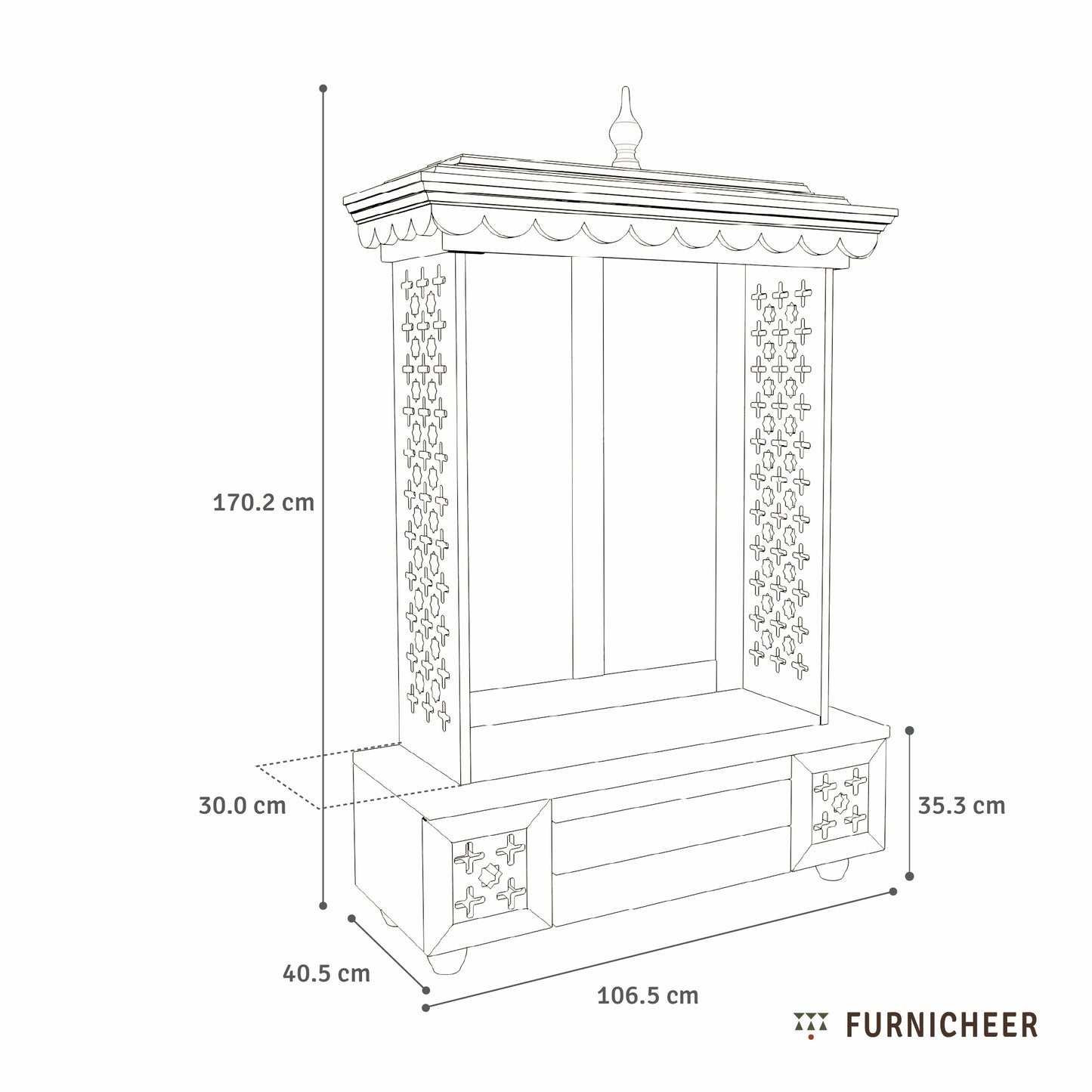 Line drawing of a decorative cabinet with dimensions labeled, branded 'Furnicheer'.