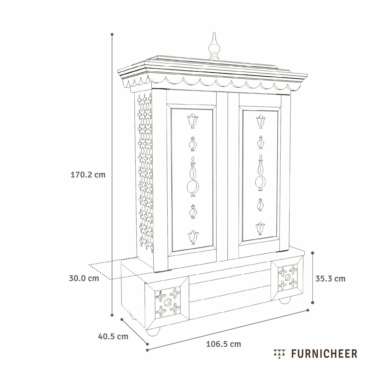 Line drawing of a piece of furniture with dimensions labeled, featuring the brand 'Furnicheer'.