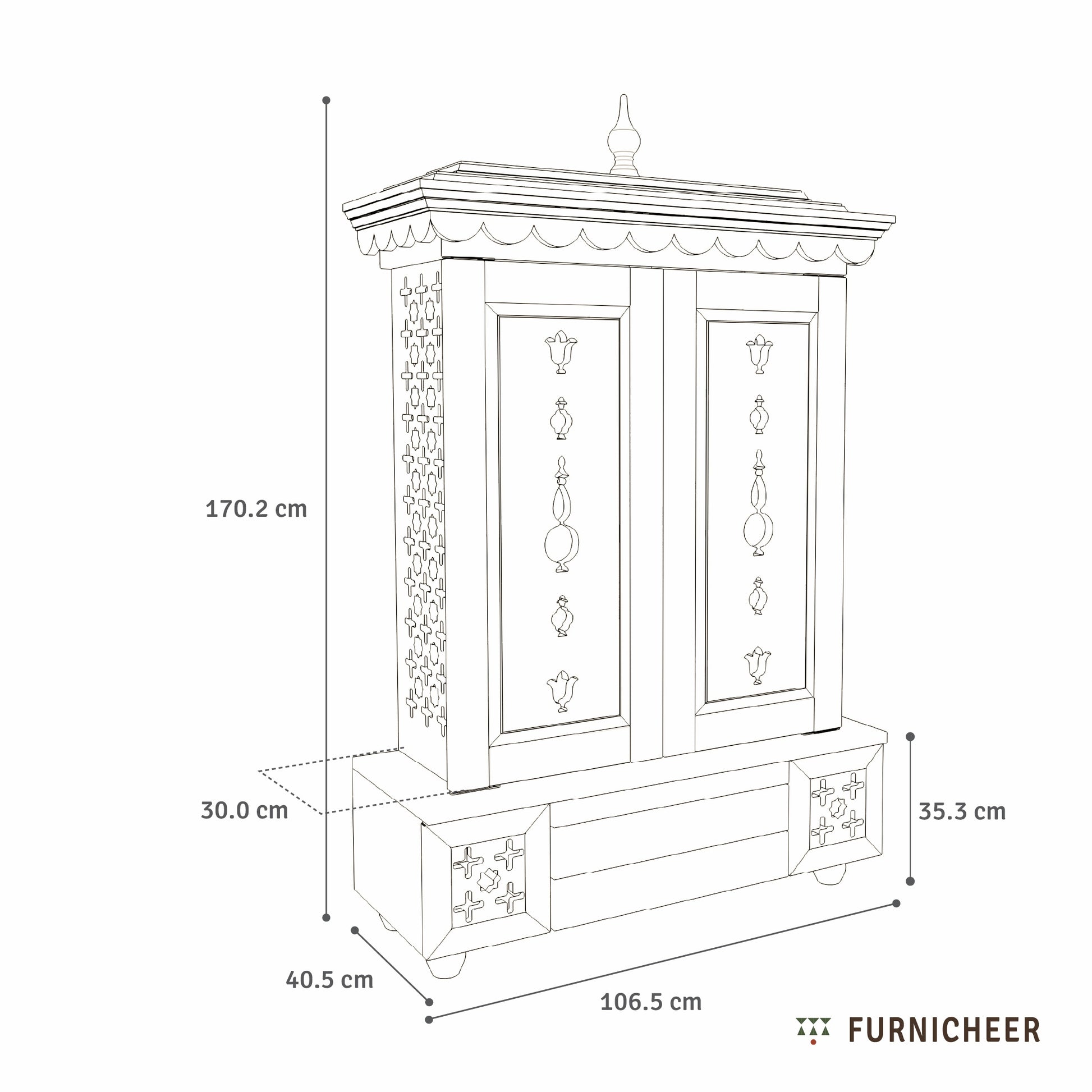 Line drawing of a piece of furniture with dimensions labeled, featuring the brand 'Furnicheer'.