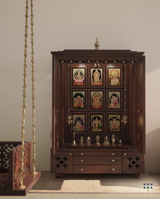AMOD - Beautifully Crafted Free-Standing Puja Temple with Door, Tray & Storage with Pure Brass Accents