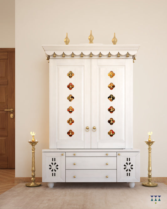 AATH - Beautifully Crafted Free-Standing Puja Temple with Door, Tray & Storage with Pure Brass Accents