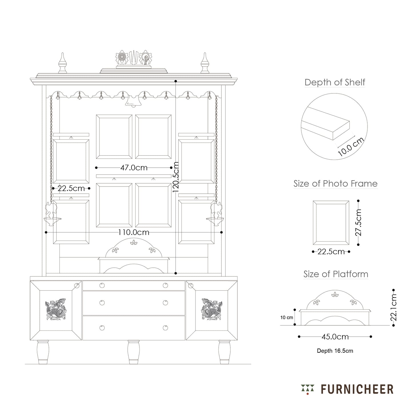 Technical drawing of a wooden cabinet with dimensions labeled, featuring the brand 'Furnicheer'.