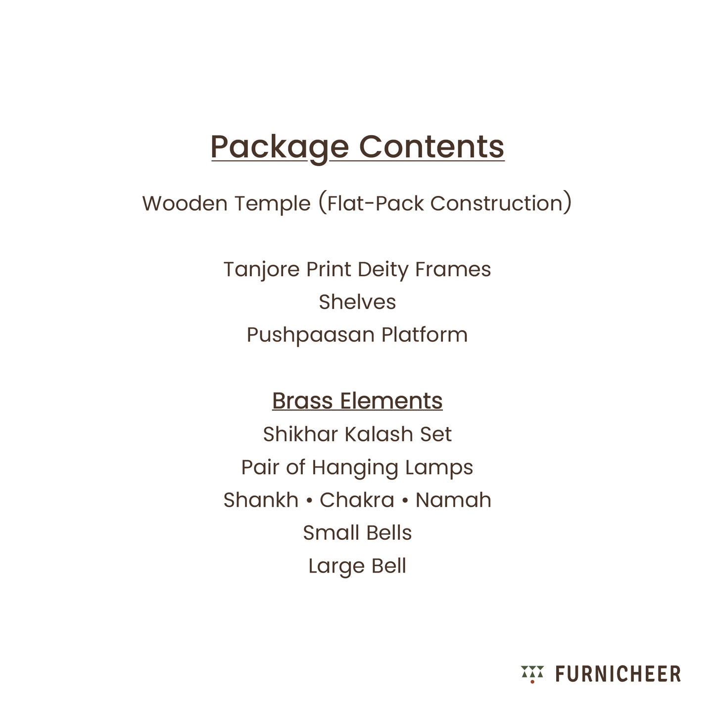 List of package contents for a wooden temple set by Furnicheer on a white background.