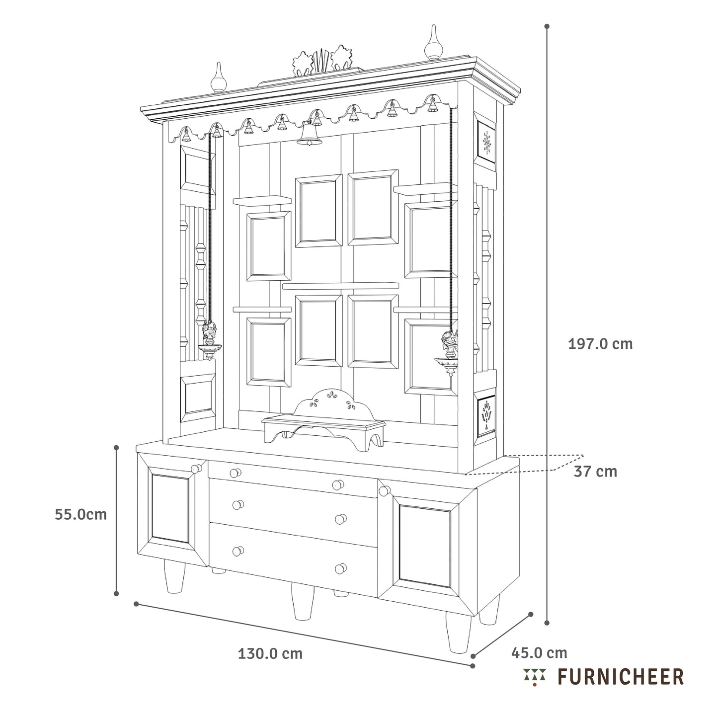 Line drawing of a wooden cabinet with dimensions labeled, featuring the brand 'Furnicheer'.