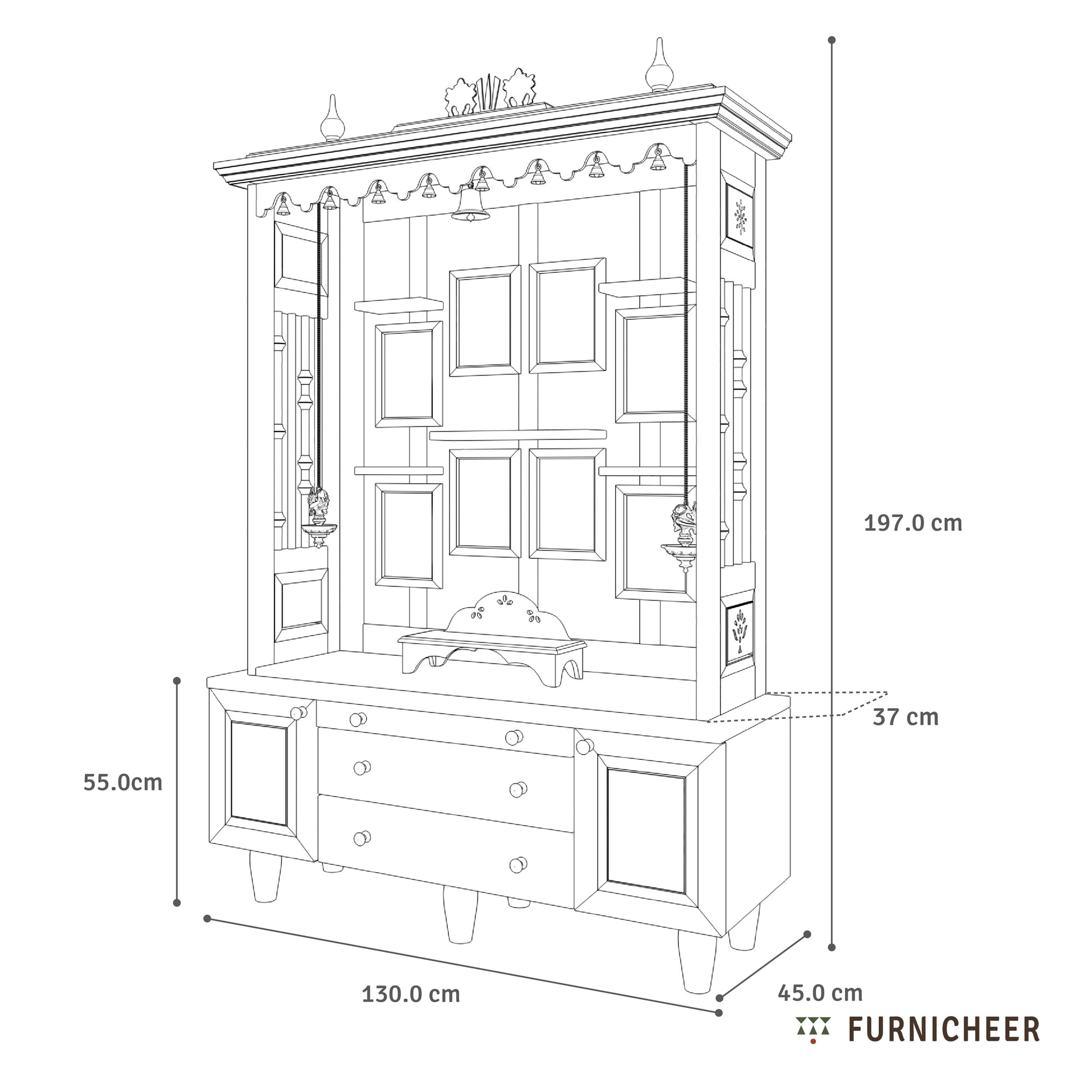 Line drawing of a wooden cabinet with dimensions labeled, featuring the brand 'Furnicheer'.